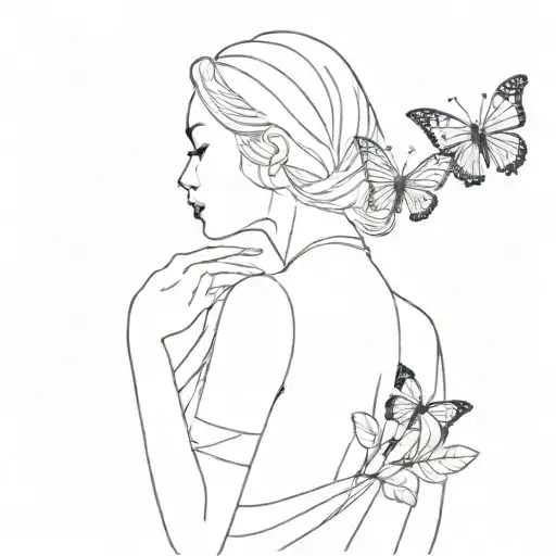Let the tattoo design featuring a woman and a butterfly be minimal, five centimeters tall tattoo design idea