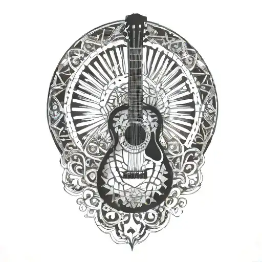 A sunset with musical notes, a guitar, a mandala skull, and the words 'we are eternal' tattoo design idea