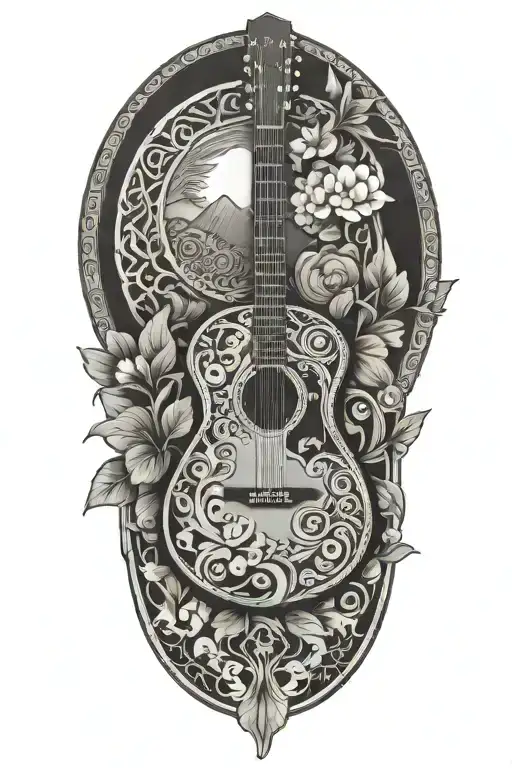 A mandala design incorporating elements of a guitar, sunrise, and nature motifs, reflecting the client's favorite things and interests tattoo design idea