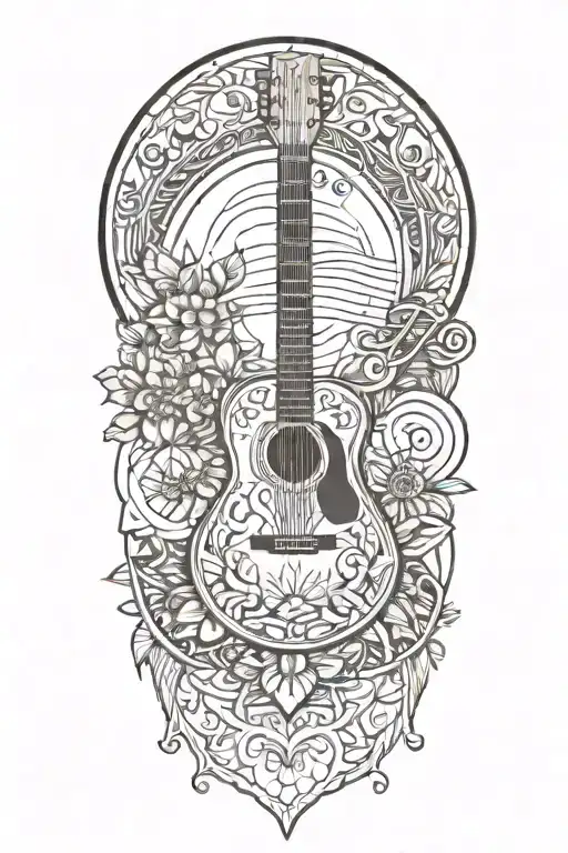 A mandala design incorporating elements of a guitar, sunrise, and nature motifs, reflecting the client's favorite things and interests tattoo design idea