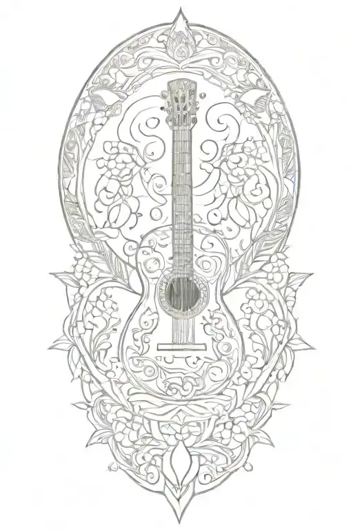 A mandala design incorporating elements of a guitar, music, sunrise, and nature motifs, tattoo design idea