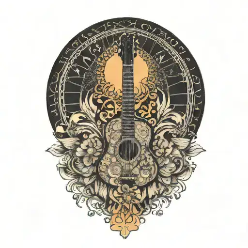 A sunset with musical notes, a guitar, a mandala skull, and the words 'we are eternal' tattoo design idea