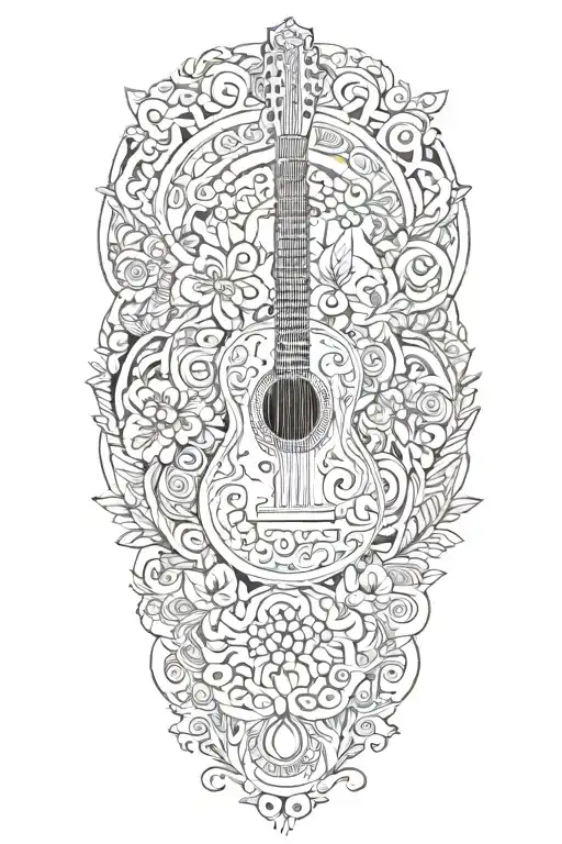 A mandala design incorporating elements of a guitar, music, sunrise, and nature motifs, tattoo design idea