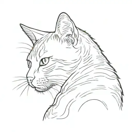 outline of a silhouette from behind  of a cat sitting alone in the style of a line drawing tattoo design idea