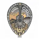 A sunset with musical notes, a guitar, a mandala skull, and the words 'we are eternal' tattoo design idea