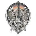 A sunset with musical notes, a guitar, a mandala skull, and the words 'we are eternal' tattoo design idea
