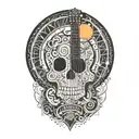 A sunset with musical notes, a guitar, a mandala skull, and the words 'we are eternal' tattoo design idea