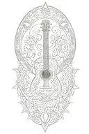 A mandala design incorporating elements of a guitar, music, sunrise, and nature motifs, tattoo design idea