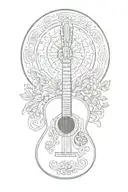 A mandala design incorporating elements of a guitar, music, sunrise, and nature motifs, tattoo design idea