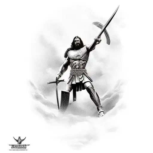 A patriotic scene inspired by the movie 300, featuring Spartan warriors with Jesus leading the charge in a realistic style tattoo design idea