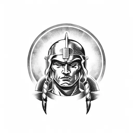 Spartan warrior holding an American flag in black-grey style tattoo design idea