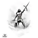 A patriotic scene inspired by the movie 300, featuring Spartan warriors with Jesus leading the charge in a realistic style tattoo design idea