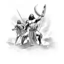 A patriotic scene inspired by the movie 300, featuring Spartan warriors with Jesus leading the charge in a realistic style tattoo design idea