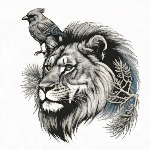 asiatic lion, blue spruce tree, cardinal bird, hints of India  tattoo design idea