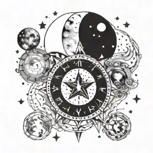 A tattoo design incorporating two birthdates in a celestial theme, with stars and moons, on a four-arm layout tattoo design idea
