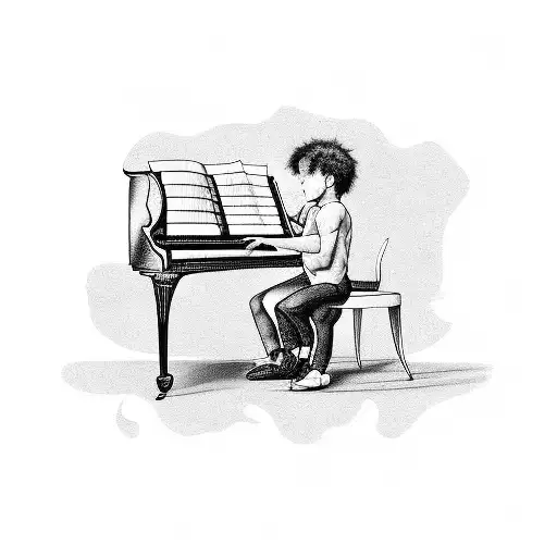 Black tattoo of a boy playing a grand piano with a sheet music background tattoo design idea