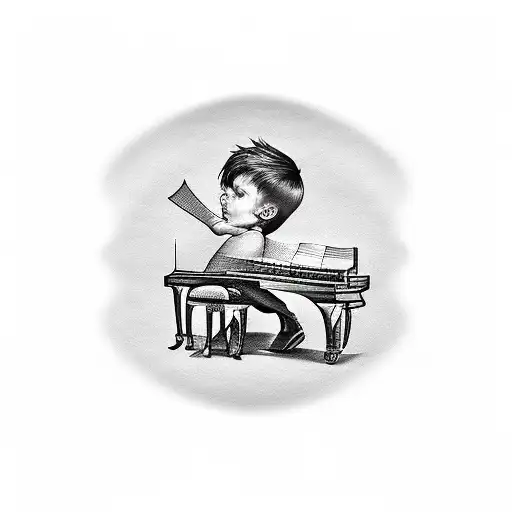 Black tattoo of a boy playing a grand piano with a sheet music background tattoo design idea