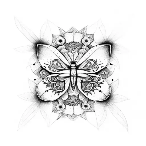 A butterfly mixed with mandalas and flowers, design to be in an arm sleeve tattoo design idea