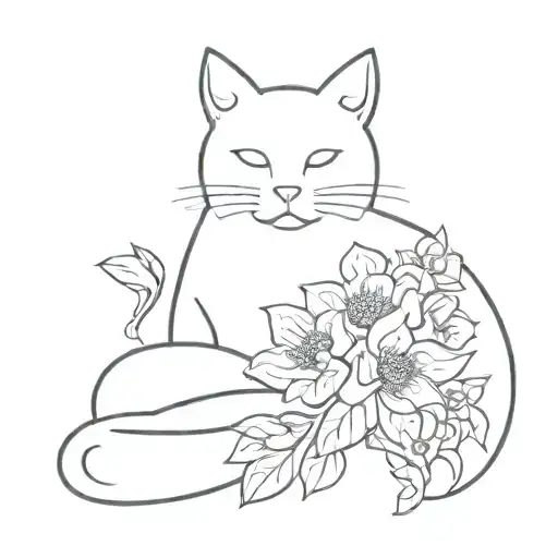 A minimalist tattoo design of a cat surrounded by a bouquet of flowers tattoo design idea