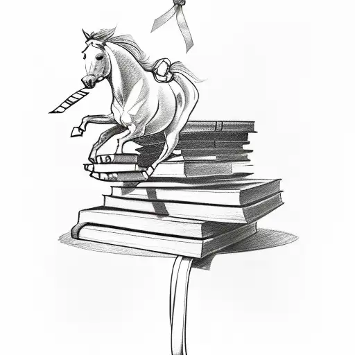 A sketch style tattoo of a horse jumping over a stack of books with a red ribbon tied around its neck tattoo design idea