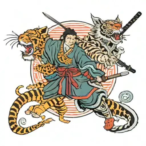 2 samurai looking into the sky. They watch a asian dragon and a tiger fighting.  tattoo design idea