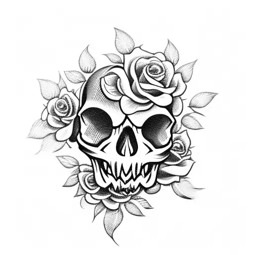  cute skull with roses tattoo design idea