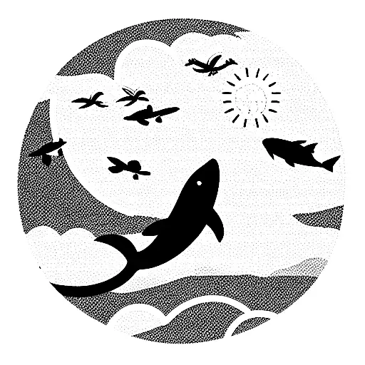 24 sea animals migrating with view point from above, going up a back tattoo design idea