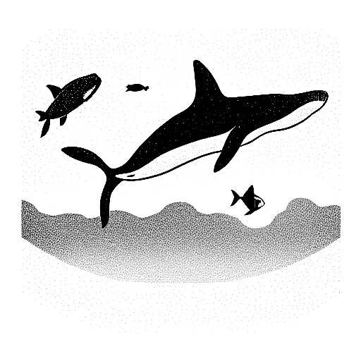 whales, sharks, fish, and jellyfish migrating in a narrow line with view point from above, going up the back tattoo design idea
