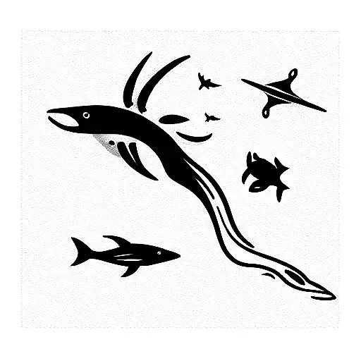 different sea animals migrating in a narrow line with view point from above, going up the back tattoo design idea