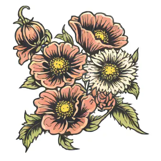 poppy, daisy and carnations sibling tattoo with year 1987,1992,1999 tattoo design idea