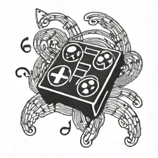 A blackwork tattoo of a music note intertwined with a gaming controller tattoo design idea