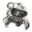 A blackwork tattoo of a music note intertwined with a gaming controller tattoo design idea