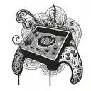 A blackwork tattoo of a music note intertwined with a gaming controller tattoo design idea