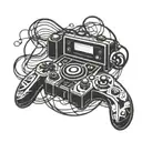 A blackwork tattoo of a music note intertwined with a gaming controller tattoo design idea