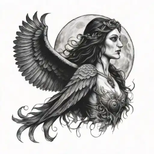 the morrigan, Irish goddess emerging, moon phases tattoo design idea