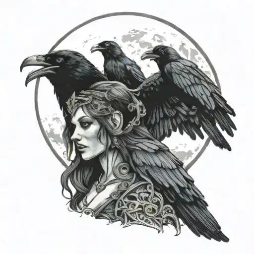 the Morrigan, Irish goddess, raven, moon tattoo design idea
