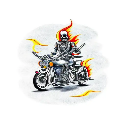 A traditional style tattoo of a vintage motorcycle with flames and skulls tattoo design idea