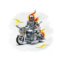 A traditional style tattoo of a vintage motorcycle with flames and skulls tattoo design idea
