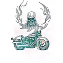 A traditional style tattoo of a vintage motorcycle with flames and skulls tattoo design idea