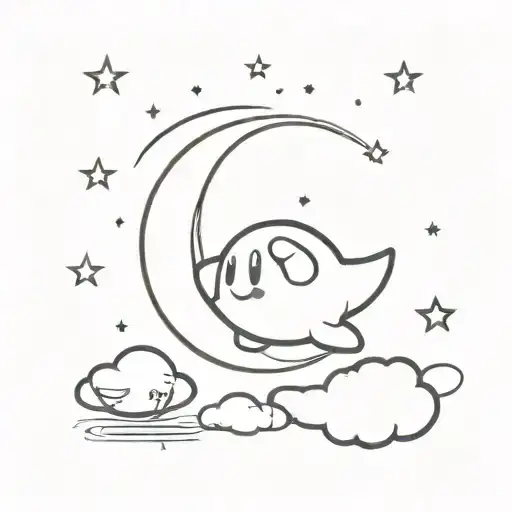 Kirby in the universe with stars and a moon in the background tattoo design idea