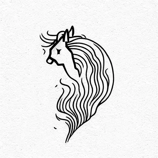 Horse head with ocean wave and mountain with one line and a raido rune tattoo design idea