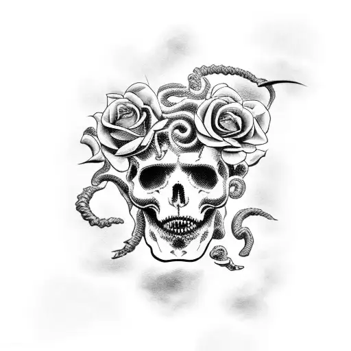 perseus slaying medusa with clouds in the background and roses and skulls around tattoo design idea