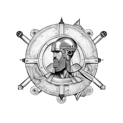 A Roman warrior holding a computer circuit board shield in a blackwork style tattoo design idea