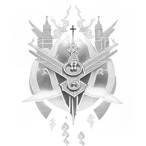 An intricate dotwork design of a church surrounded by dark clouds and lightning bolts tattoo design idea