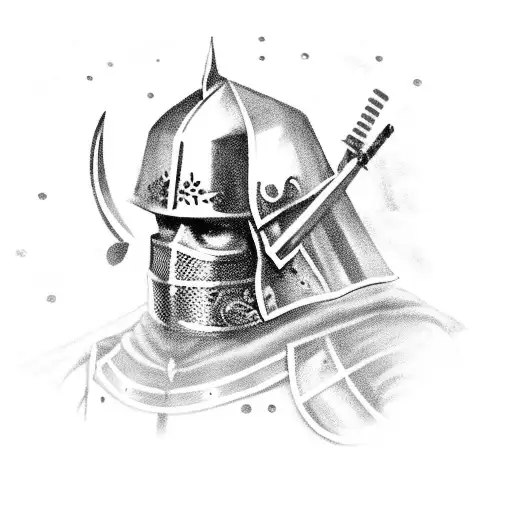 A black and grey portrait of a medieval knight playing a metal guitar tattoo design idea