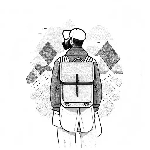 man standing with backpack and mountains in the background and I want MUSAFIR work tattoo design idea
