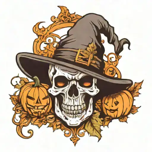 Halloween, skull with witch hat, pumpkin tattoo design idea