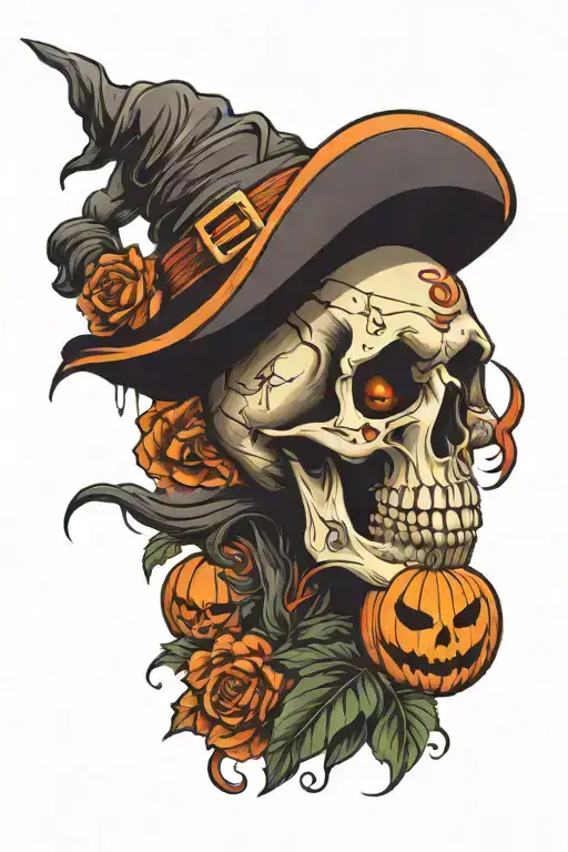 Halloween, skull with witch hat, pumpkin, red eyes tattoo design idea