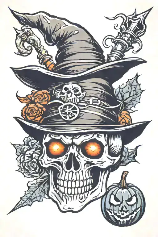 Halloween, skull with witch hat, pumpkin, red eyes, wand tattoo design idea