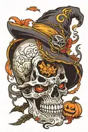 Halloween, skull with witch hat, pumpkin, red eyes, wand, bat, color tattoo design idea